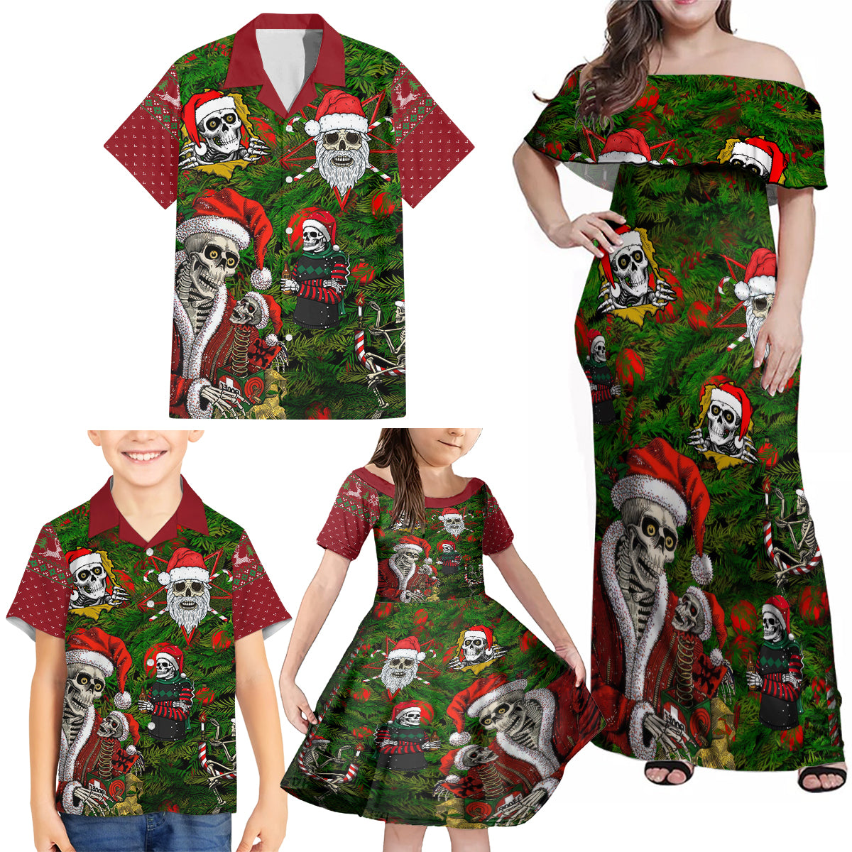 Skeleton Santa Claus Family Matching Off Shoulder Maxi Dress and Hawaiian Shirt Multi Skeleton Santa Pattern Ugly Christmas - Wonder Print Shop