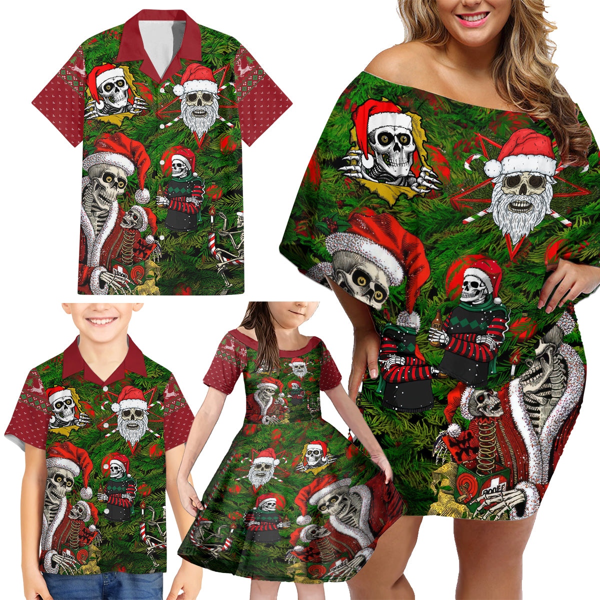 Skeleton Santa Claus Family Matching Off Shoulder Short Dress and Hawaiian Shirt Multi Skeleton Santa Pattern Ugly Christmas - Wonder Print Shop