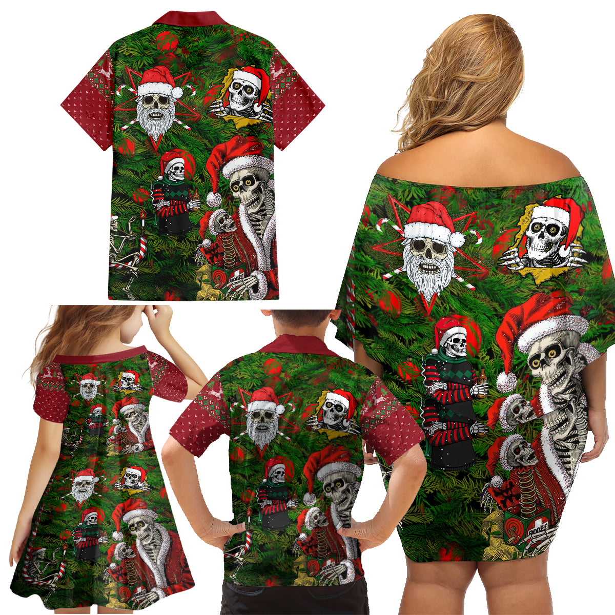 Skeleton Santa Claus Family Matching Off Shoulder Short Dress and Hawaiian Shirt Multi Skeleton Santa Pattern Ugly Christmas - Wonder Print Shop