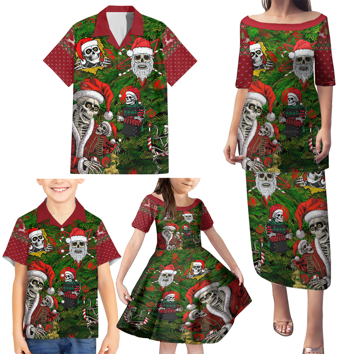 Skeleton Santa Claus Family Matching Puletasi Dress and Hawaiian Shirt Multi Skeleton Santa Pattern Ugly Christmas - Wonder Print Shop