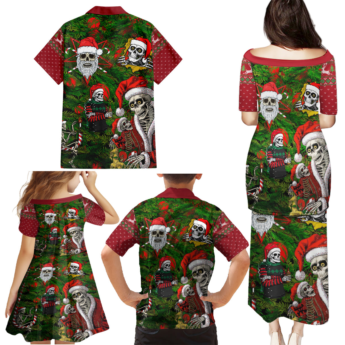Skeleton Santa Claus Family Matching Puletasi Dress and Hawaiian Shirt Multi Skeleton Santa Pattern Ugly Christmas - Wonder Print Shop