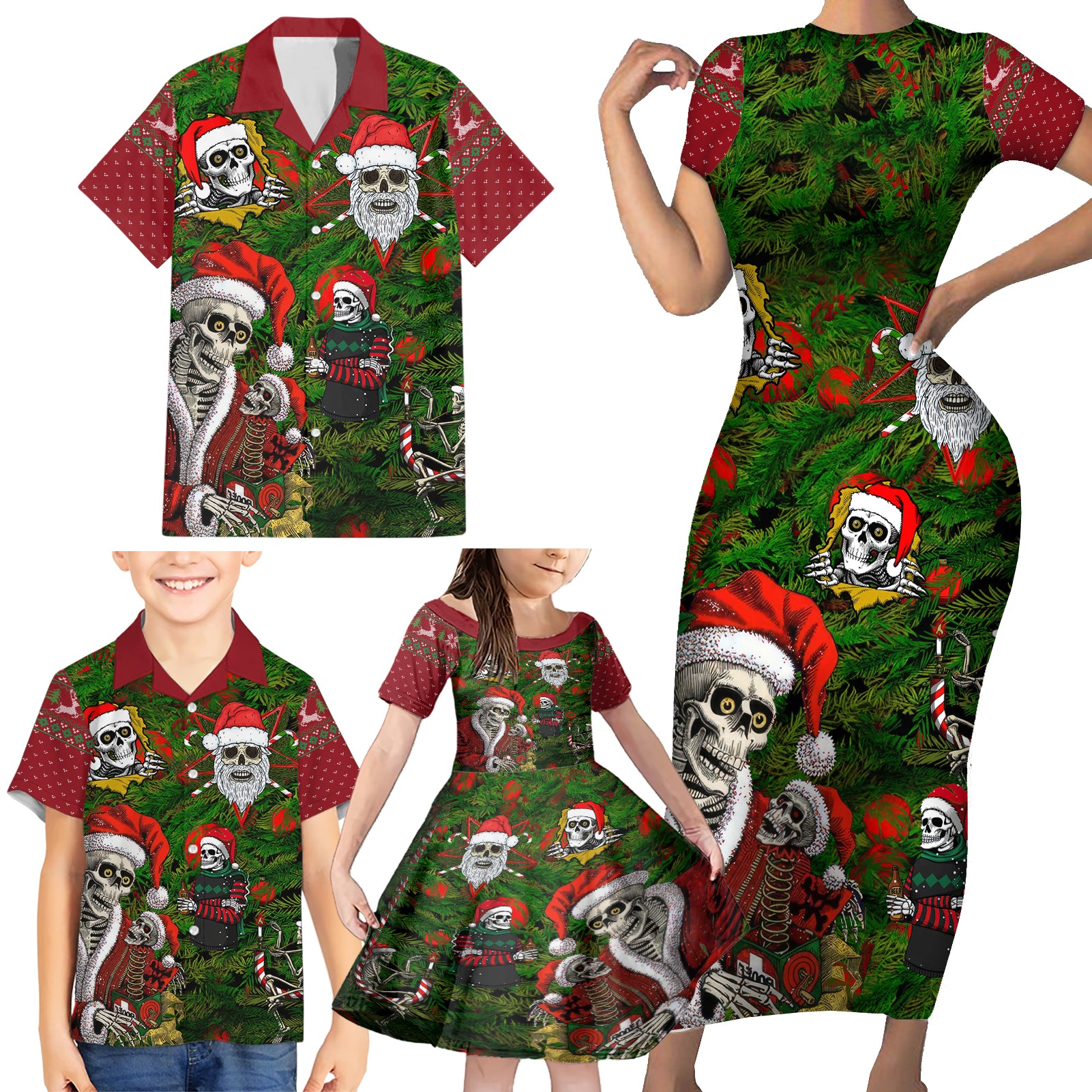 Skeleton Santa Claus Family Matching Short Sleeve Bodycon Dress and Hawaiian Shirt Multi Skeleton Santa Pattern Ugly Christmas - Wonder Print Shop