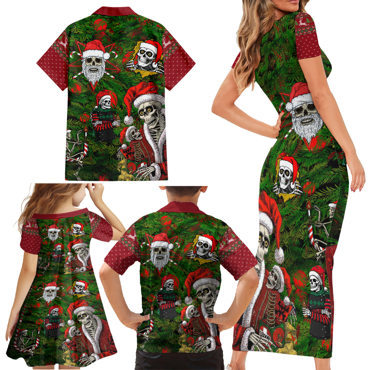 Skeleton Santa Claus Family Matching Short Sleeve Bodycon Dress and Hawaiian Shirt Multi Skeleton Santa Pattern Ugly Christmas - Wonder Print Shop