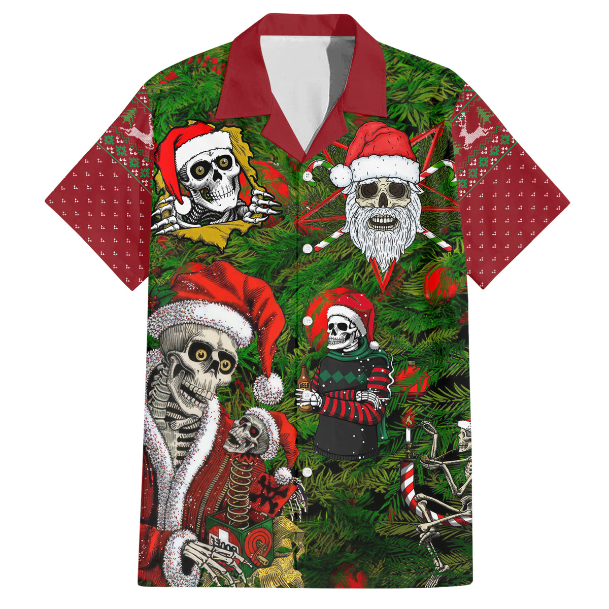 Skeleton Santa Claus Family Matching Short Sleeve Bodycon Dress and Hawaiian Shirt Multi Skeleton Santa Pattern Ugly Christmas - Wonder Print Shop