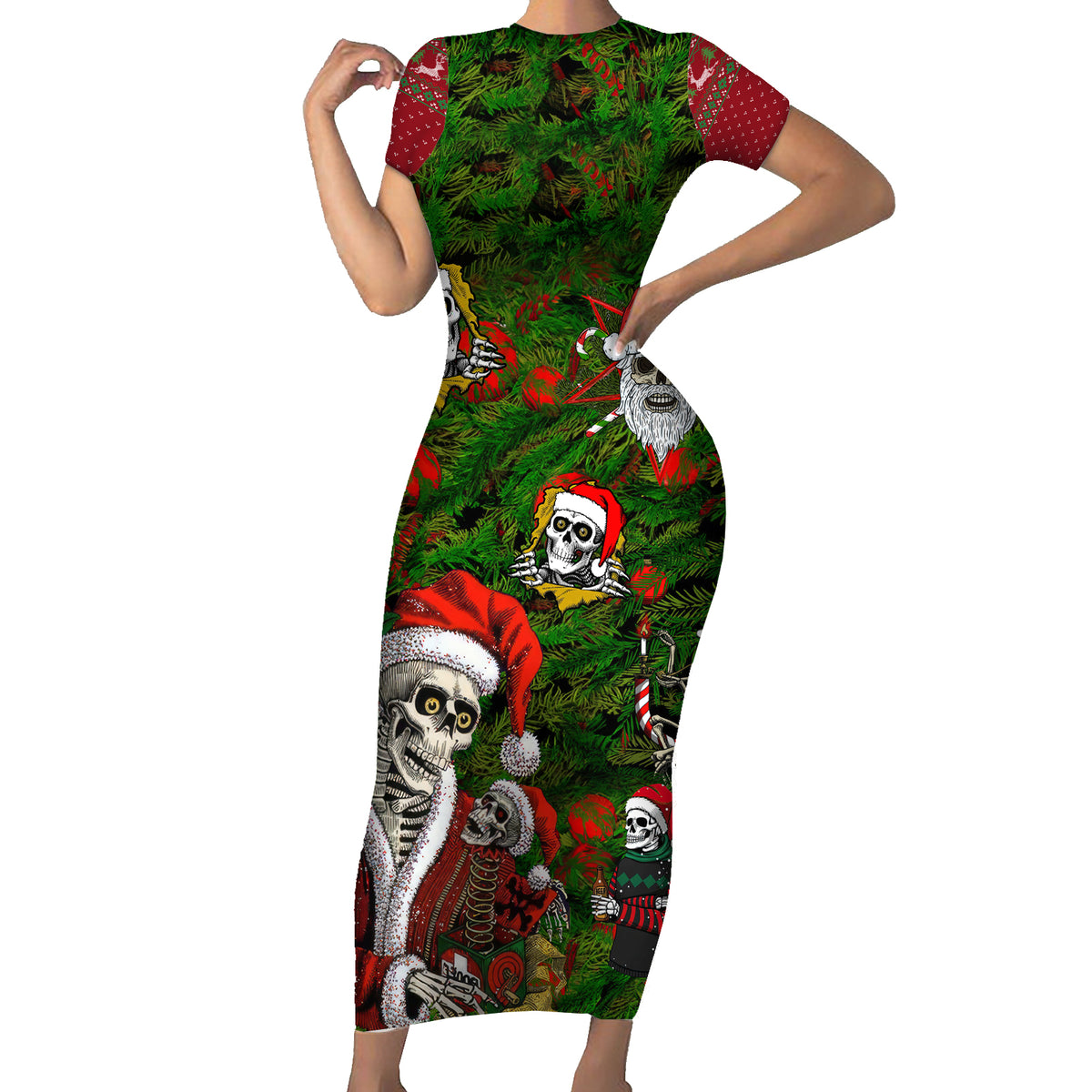 Skeleton Santa Claus Family Matching Short Sleeve Bodycon Dress and Hawaiian Shirt Multi Skeleton Santa Pattern Ugly Christmas - Wonder Print Shop