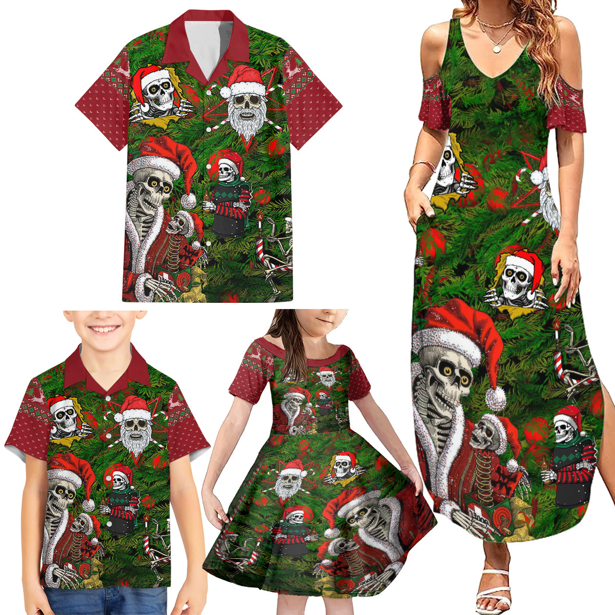 Skeleton Santa Claus Family Matching Summer Maxi Dress and Hawaiian Shirt Multi Skeleton Santa Pattern Ugly Christmas - Wonder Print Shop