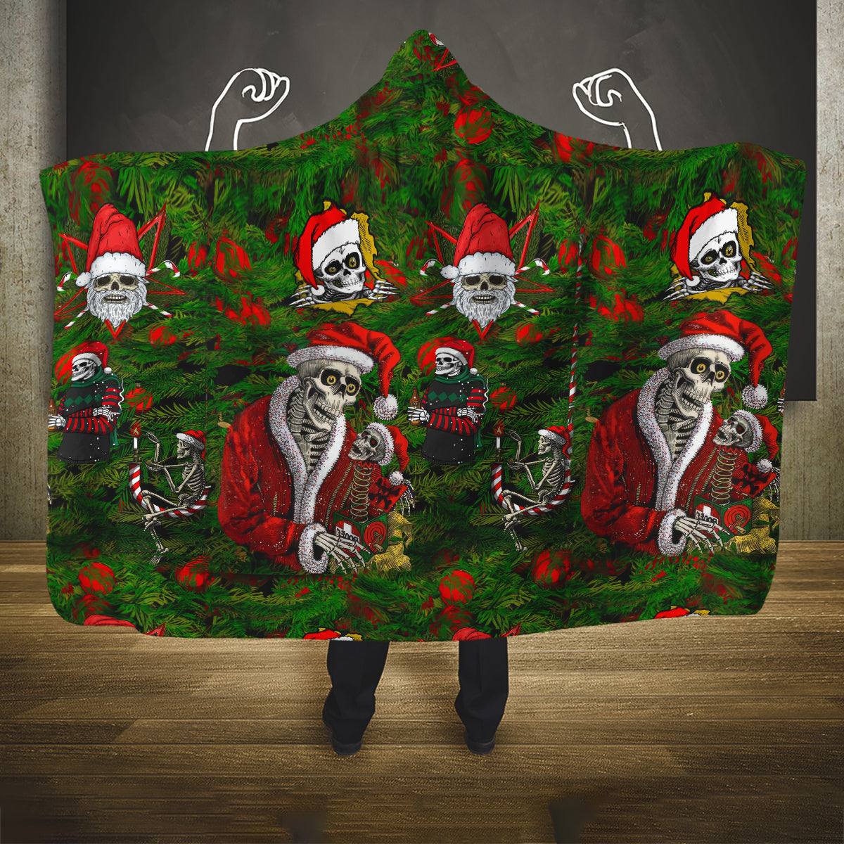 skeleton-santa-claus-hooded-blanket-multi-skeleton-santa-pattern-ugly-christmas