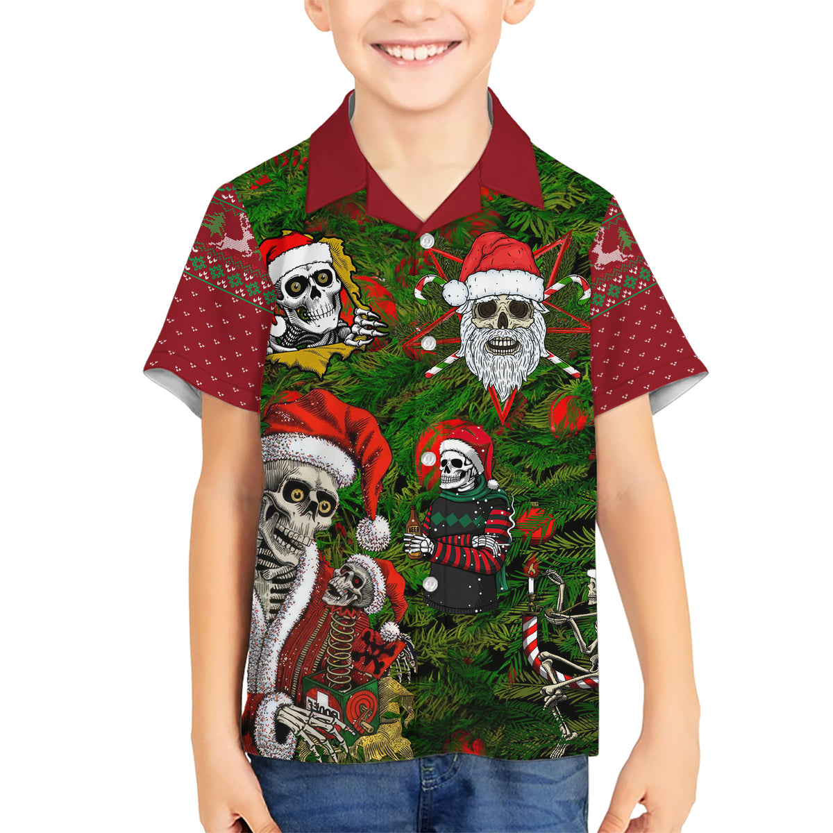 Skeleton Santa Claus Kid Hawaiian Shirt Multi Skeleton Santa Pattern Ugly Christmas - Wonder Print Shop
