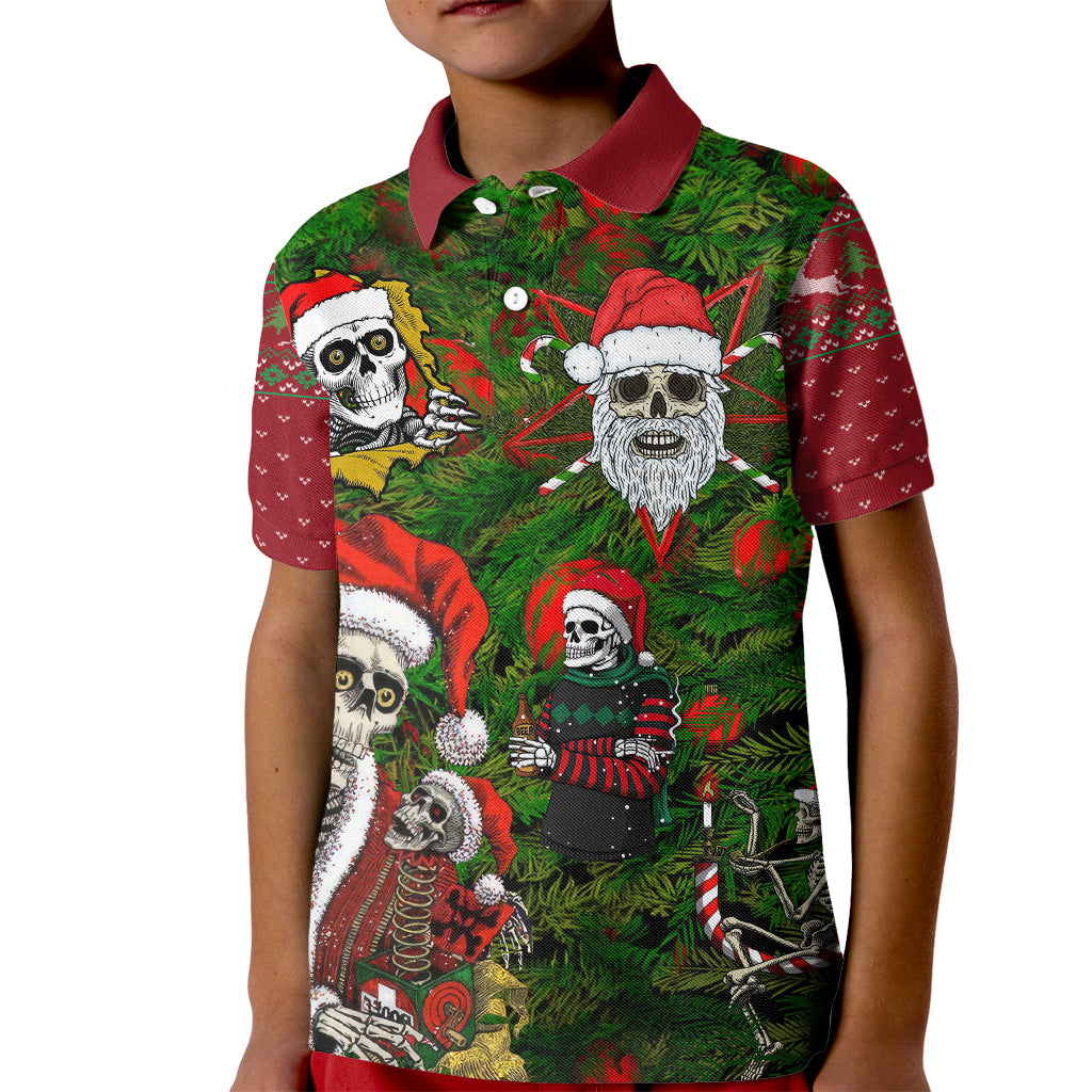 Skeleton Santa Claus Kid Polo Shirt Multi Skeleton Santa Pattern Ugly Christmas - Wonder Print Shop