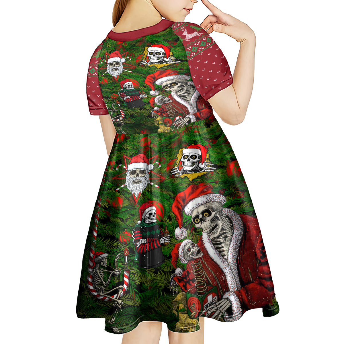 Skeleton Santa Claus Kid Short Sleeve Dress Multi Skeleton Santa Pattern Ugly Christmas - Wonder Print Shop
