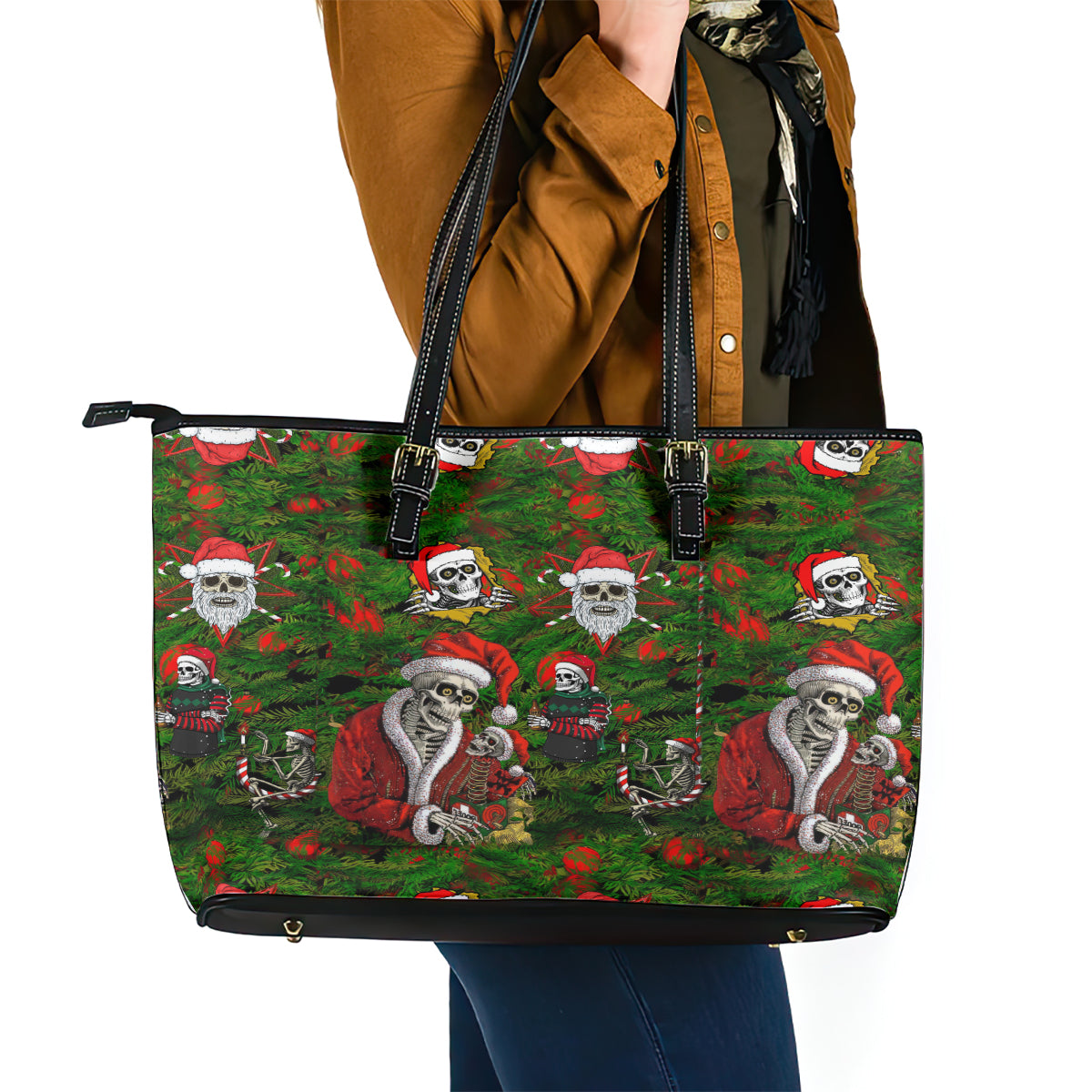 Skeleton Santa Claus Leather Tote Bag Multi Skeleton Santa Pattern Ugly Christmas - Wonder Print Shop