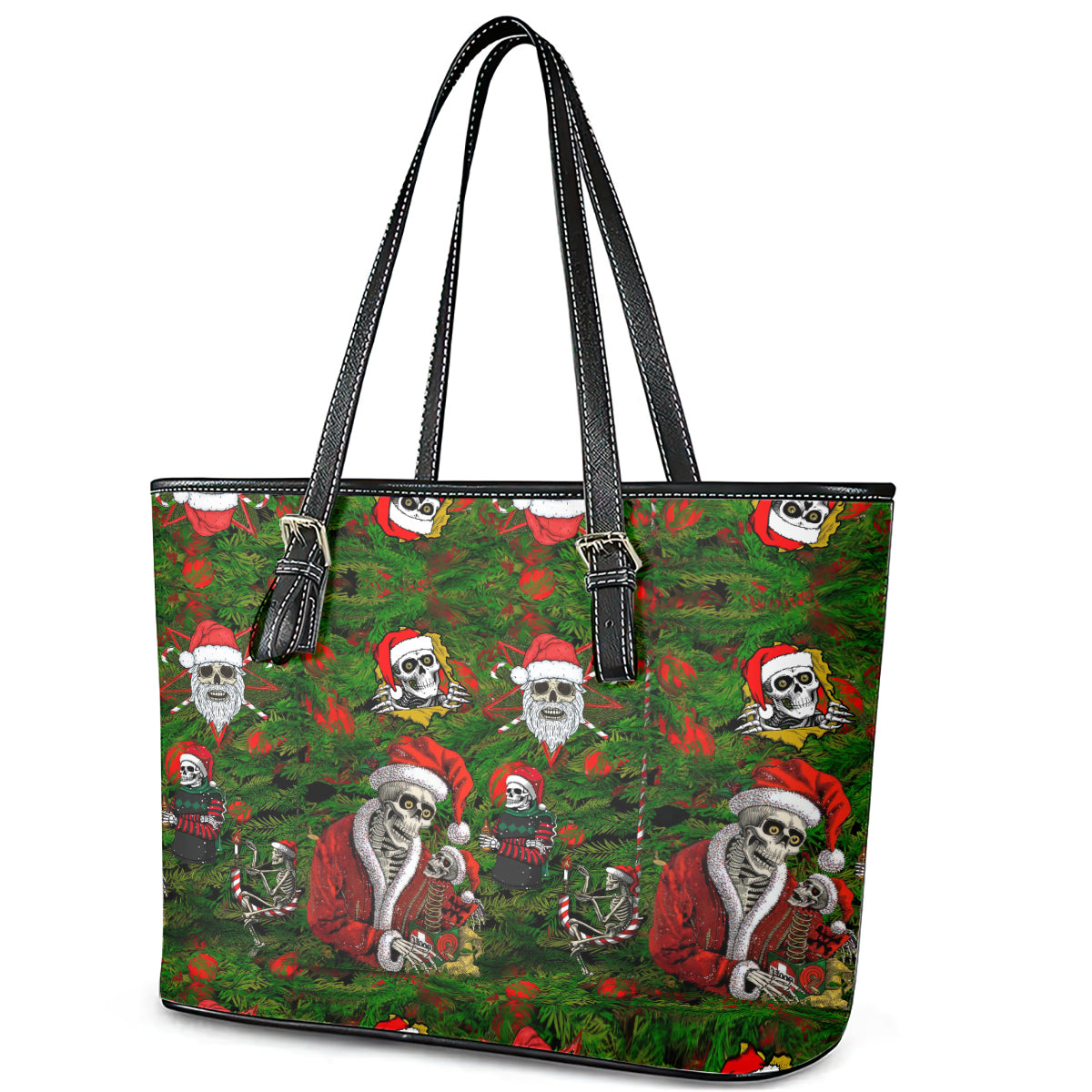 Skeleton Santa Claus Leather Tote Bag Multi Skeleton Santa Pattern Ugly Christmas - Wonder Print Shop