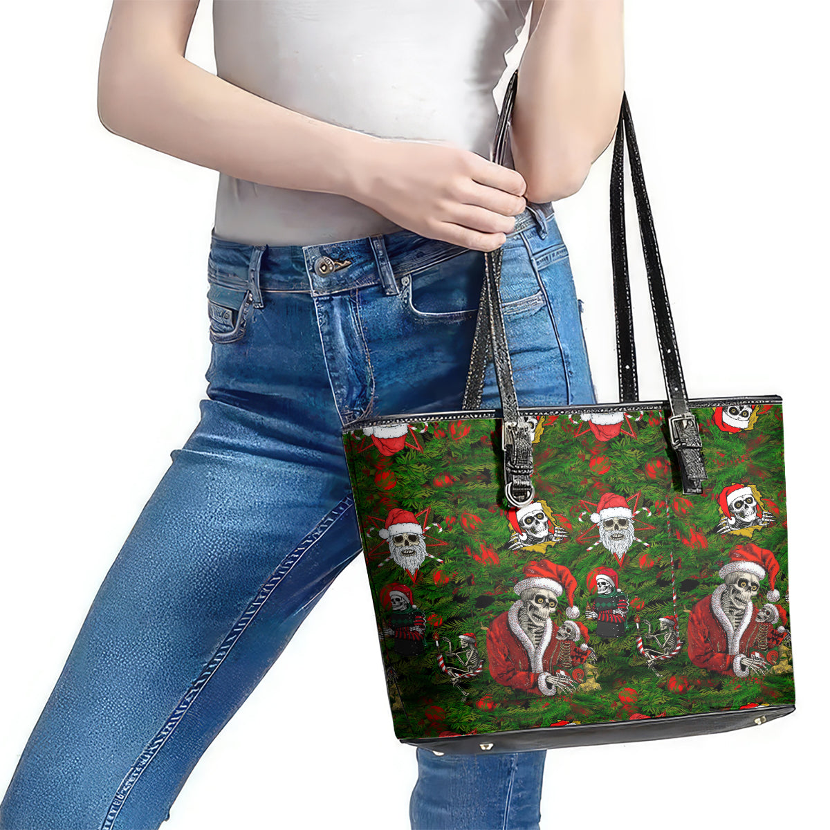 Skeleton Santa Claus Leather Tote Bag Multi Skeleton Santa Pattern Ugly Christmas - Wonder Print Shop