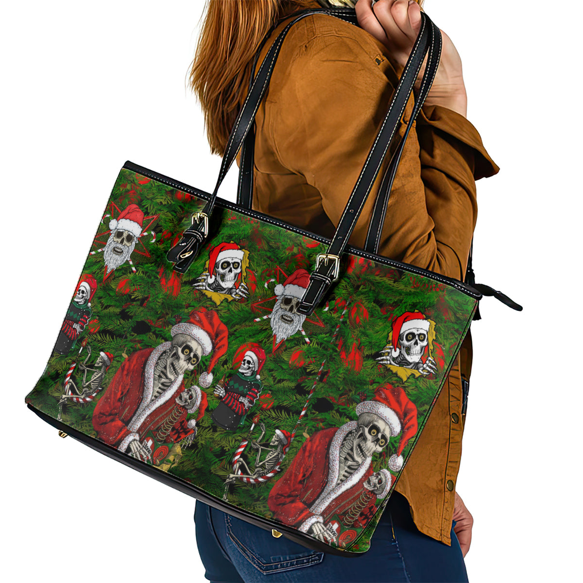 Skeleton Santa Claus Leather Tote Bag Multi Skeleton Santa Pattern Ugly Christmas - Wonder Print Shop