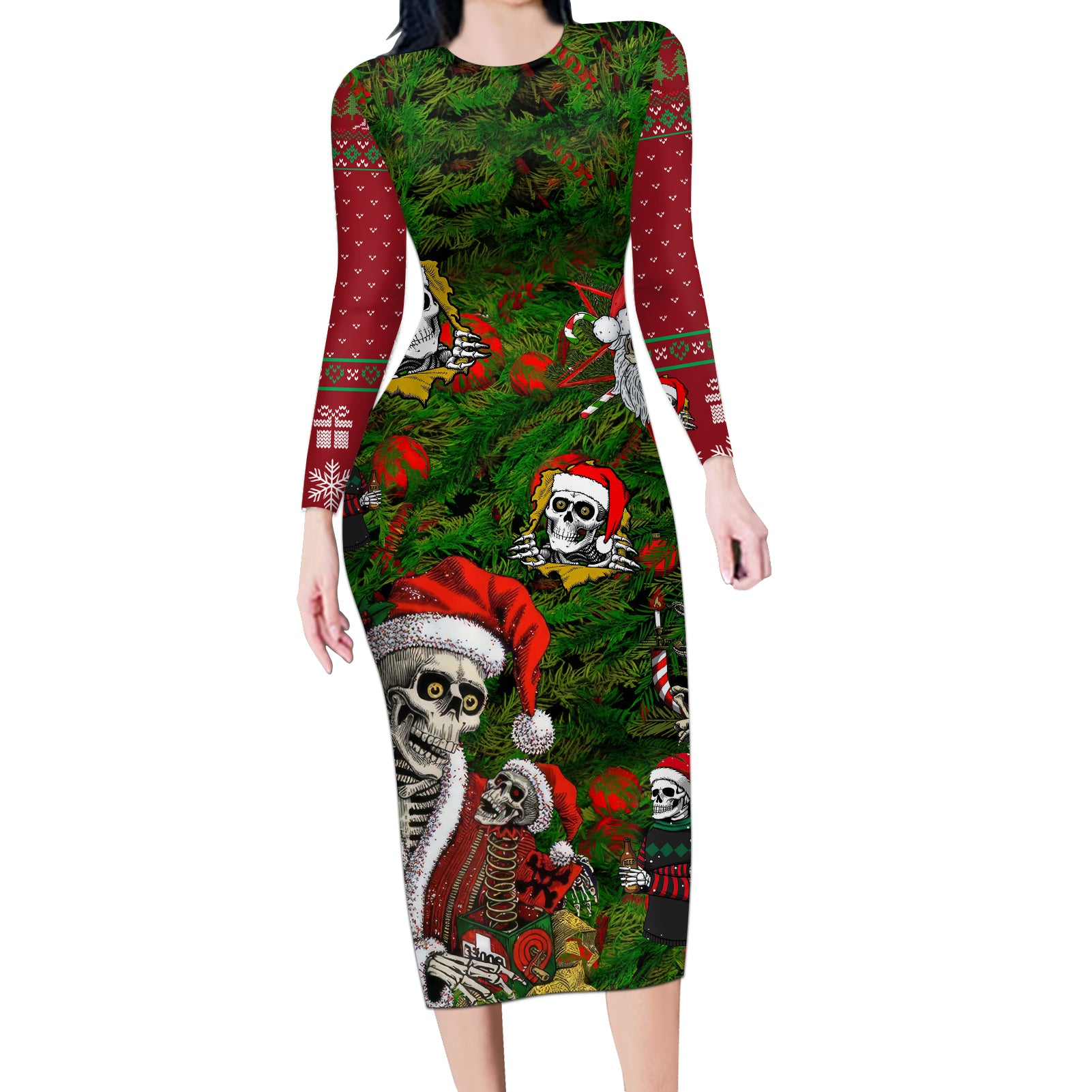 Skeleton Santa Claus Long Sleeve Bodycon Dress Multi Skeleton Santa Pattern Ugly Christmas - Wonder Print Shop