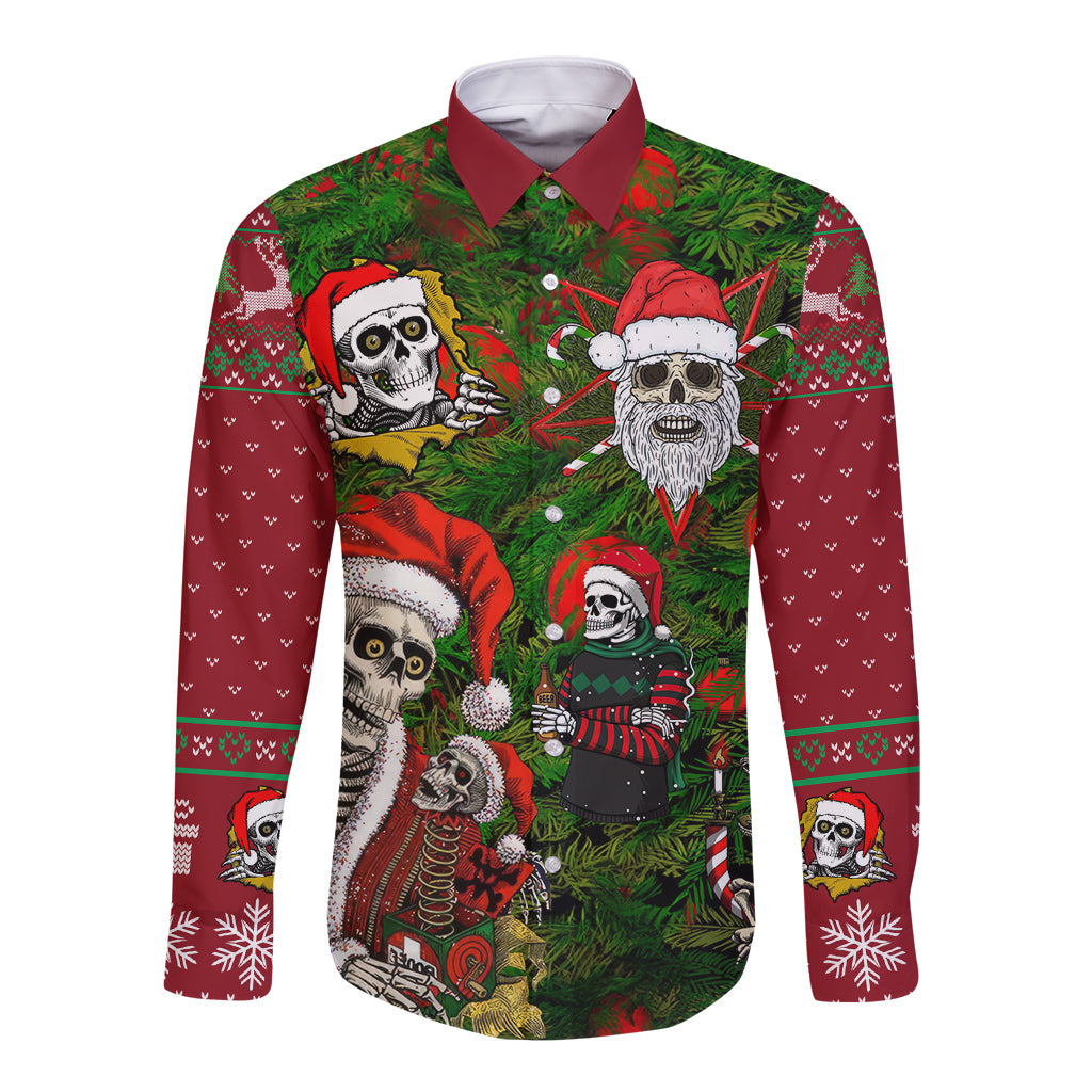Skeleton Santa Claus Long Sleeve Button Shirt Multi Skeleton Santa Pattern Ugly Christmas - Wonder Print Shop