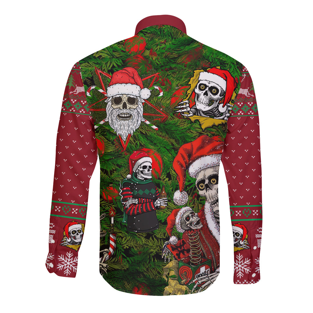 Skeleton Santa Claus Long Sleeve Button Shirt Multi Skeleton Santa Pattern Ugly Christmas - Wonder Print Shop