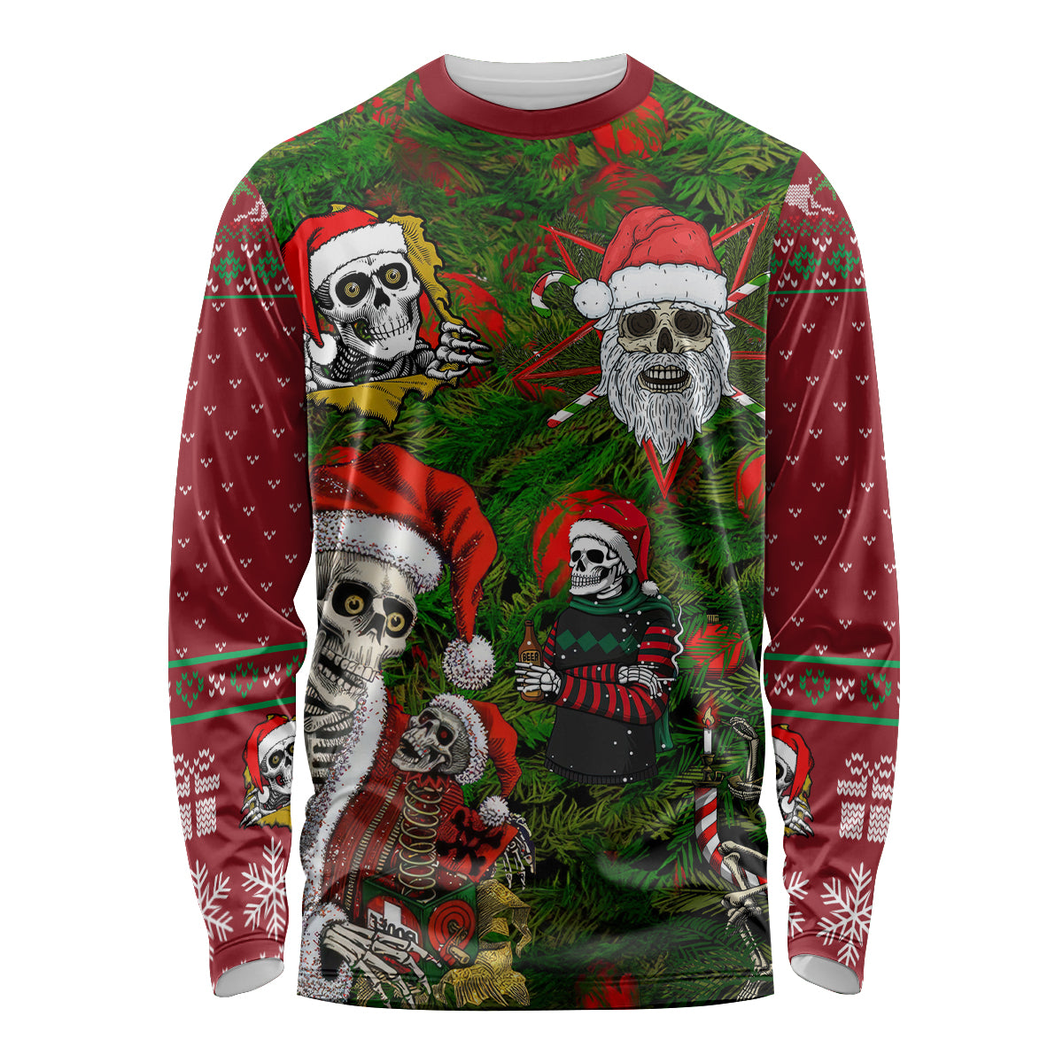 Skeleton Santa Claus Long Sleeve Shirt Multi Skeleton Santa Pattern Ugly Christmas - Wonder Print Shop