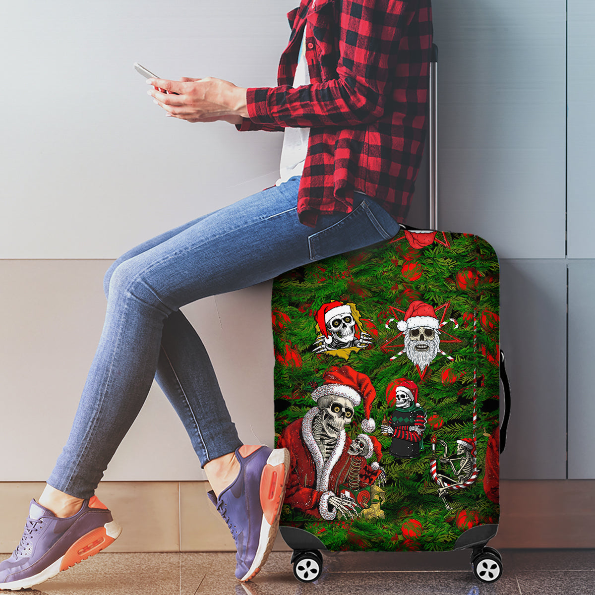 Skeleton Santa Claus Luggage Cover Multi Skeleton Santa Pattern Ugly Christmas - Wonder Print Shop