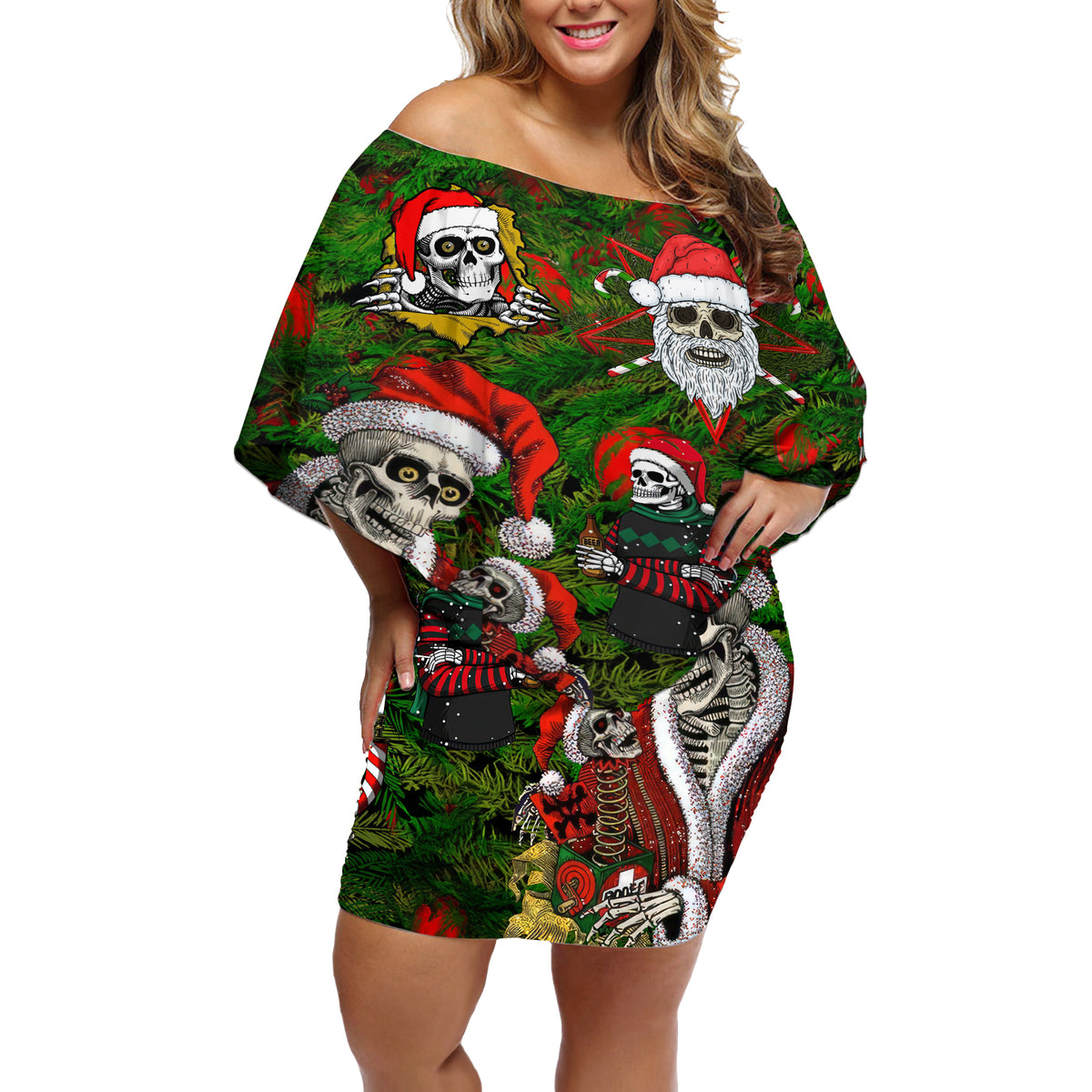 Skeleton Santa Claus Off Shoulder Short Dress Multi Skeleton Santa Pattern Ugly Christmas - Wonder Print Shop