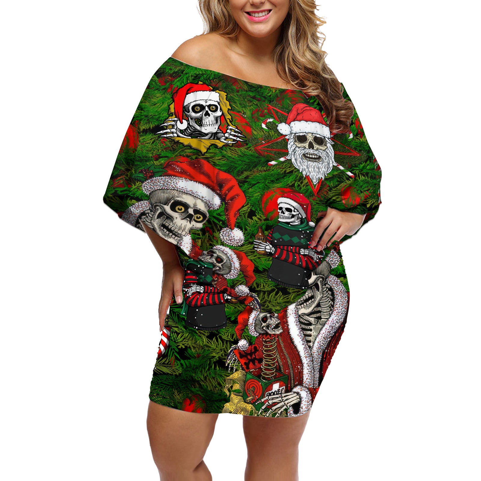 Skeleton Santa Claus Off Shoulder Short Dress Multi Skeleton Santa Pattern Ugly Christmas - Wonder Print Shop