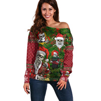 Skeleton Santa Claus Off Shoulder Sweater Multi Skeleton Santa Pattern Ugly Christmas - Wonder Print Shop