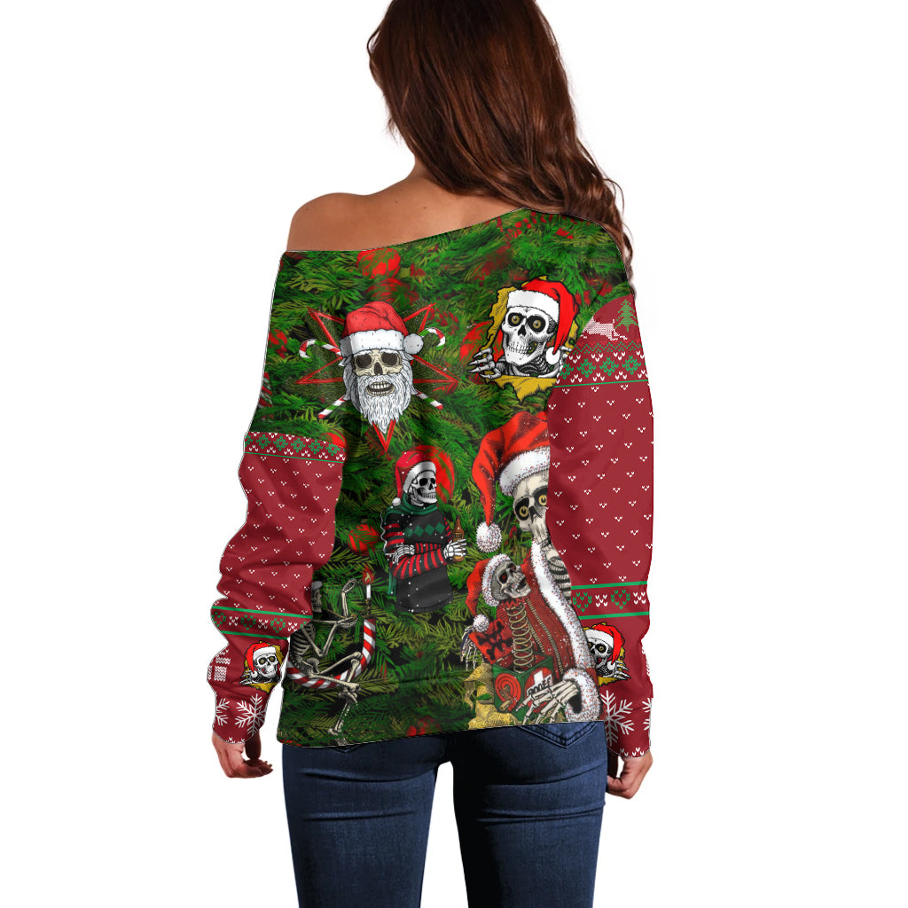Skeleton Santa Claus Off Shoulder Sweater Multi Skeleton Santa Pattern Ugly Christmas - Wonder Print Shop