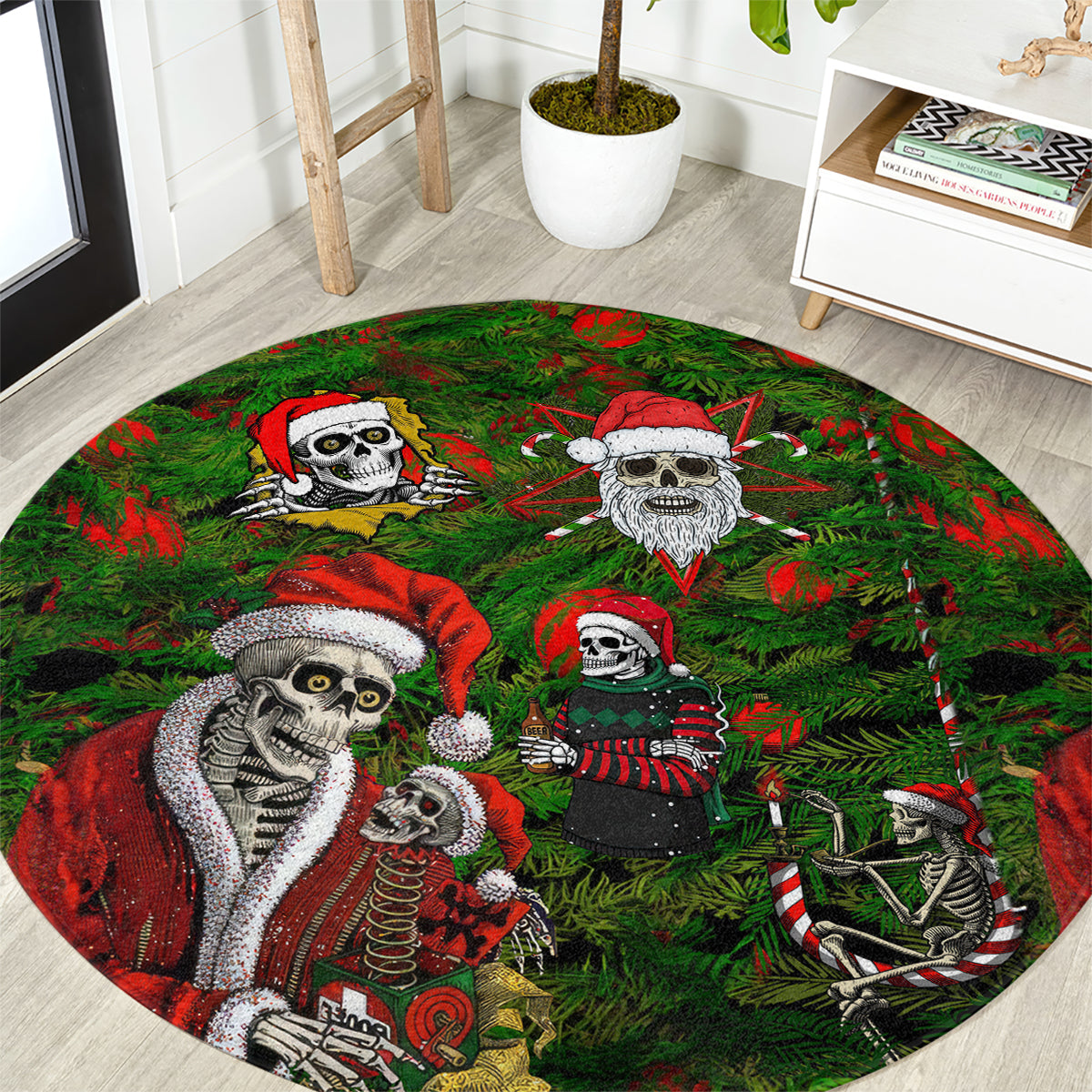 skeleton-santa-claus-round-carpet-multi-skeleton-santa-pattern-ugly-christmas
