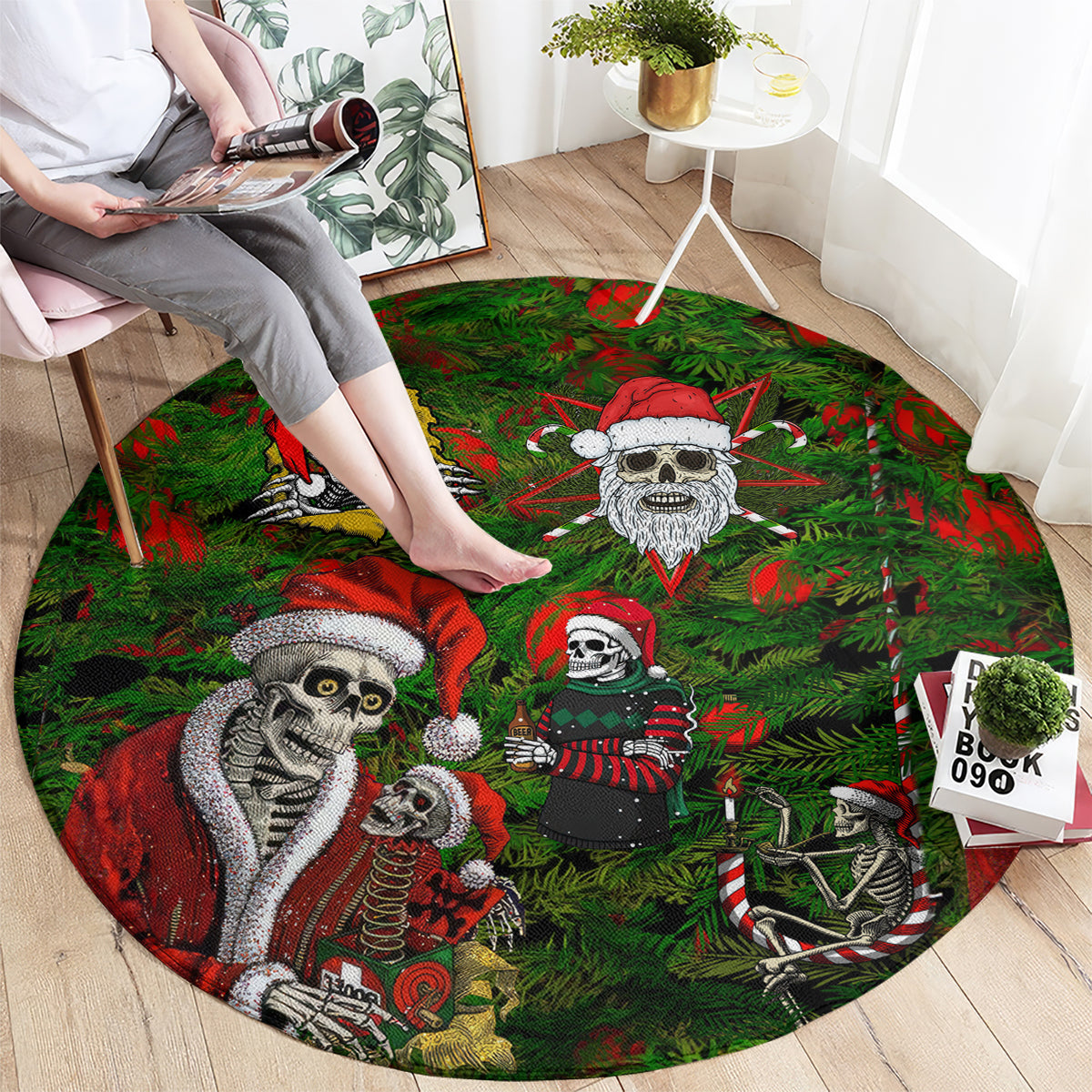 skeleton-santa-claus-round-carpet-multi-skeleton-santa-pattern-ugly-christmas
