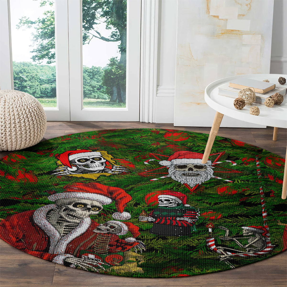 skeleton-santa-claus-round-carpet-multi-skeleton-santa-pattern-ugly-christmas