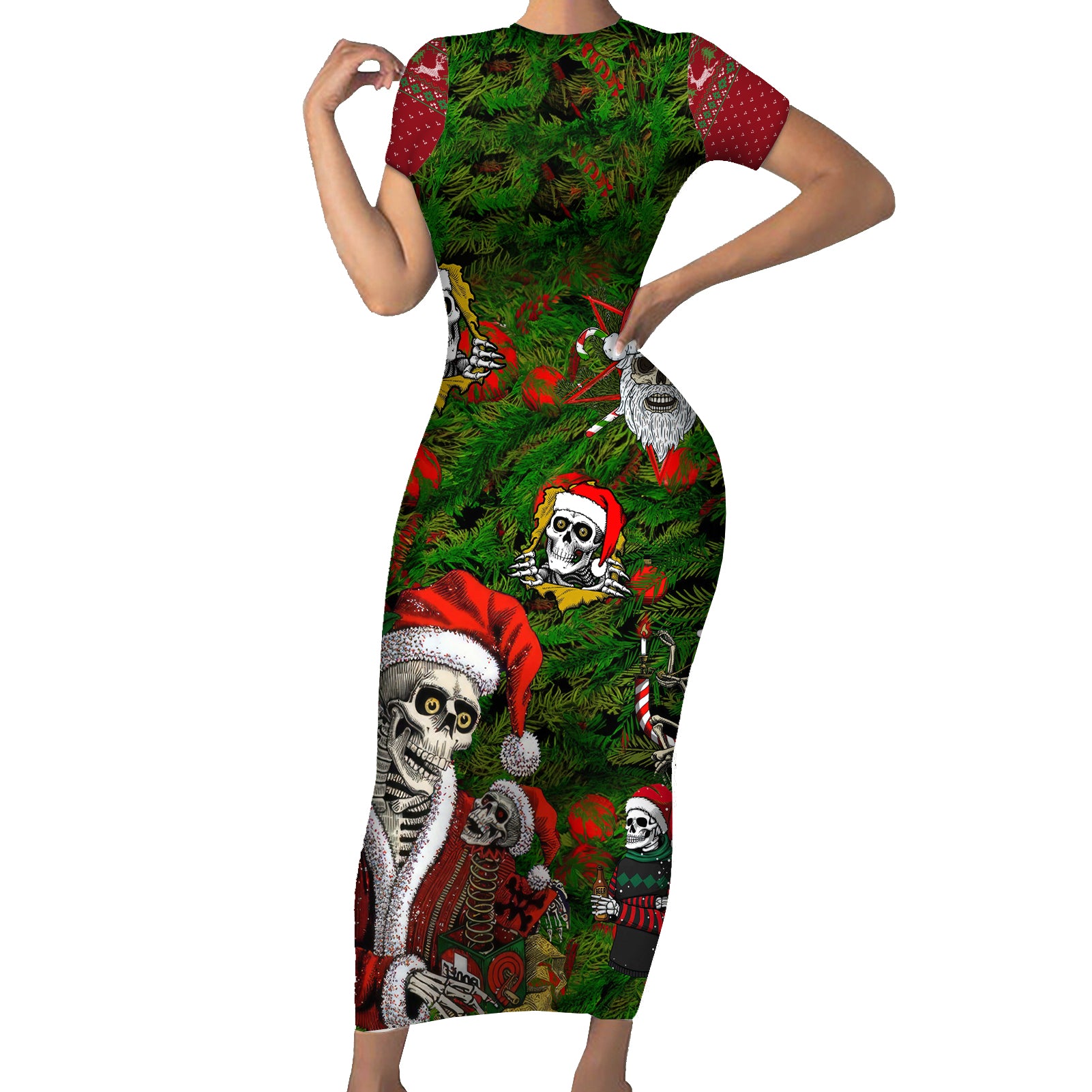 Skeleton Santa Claus Short Sleeve Bodycon Dress Multi Skeleton Santa Pattern Ugly Christmas - Wonder Print Shop