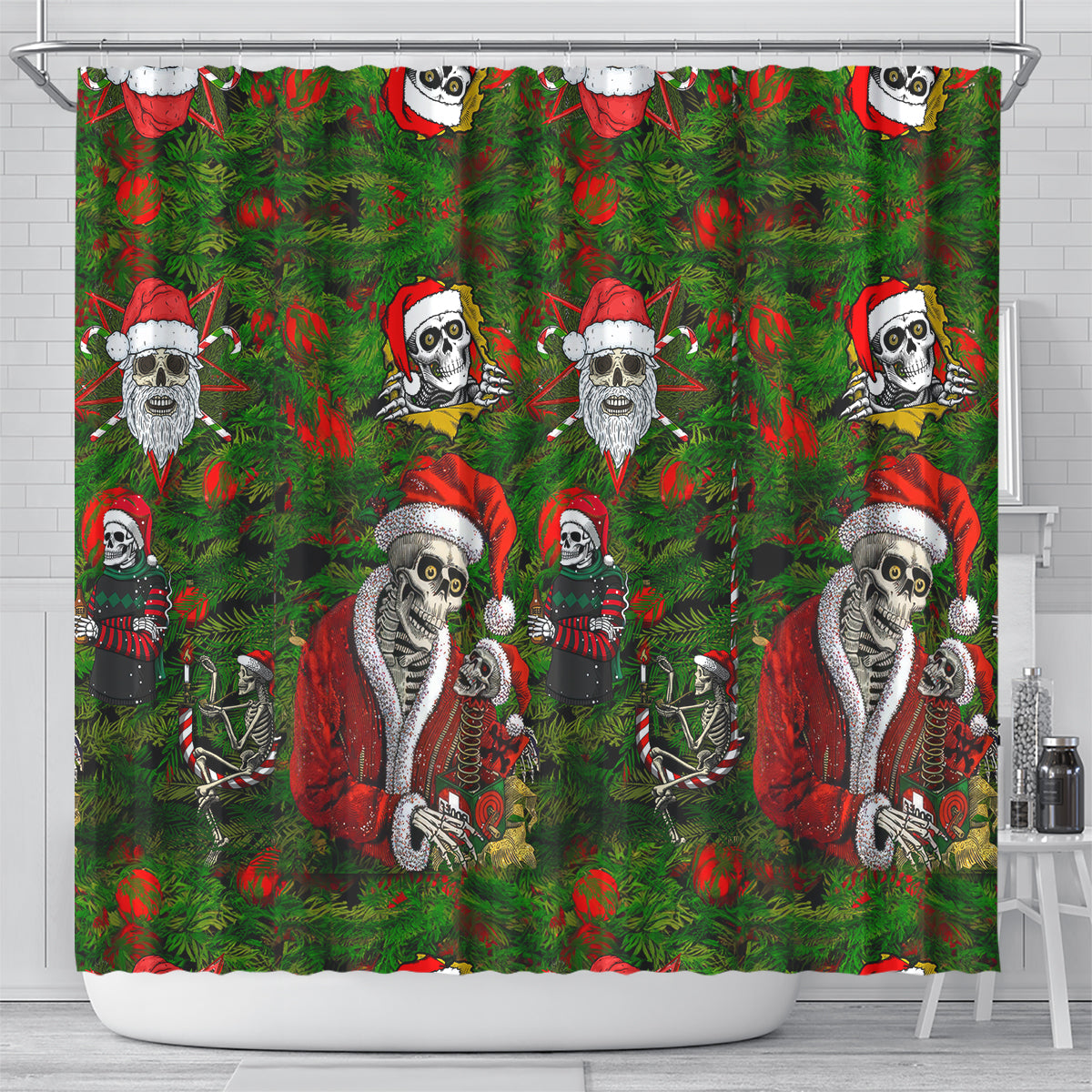 skeleton-santa-claus-shower-curtain-multi-skeleton-santa-pattern-ugly-christmas
