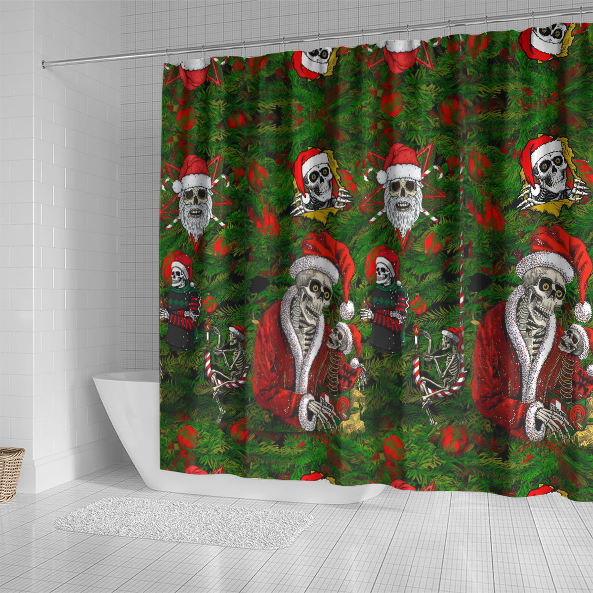 skeleton-santa-claus-shower-curtain-multi-skeleton-santa-pattern-ugly-christmas
