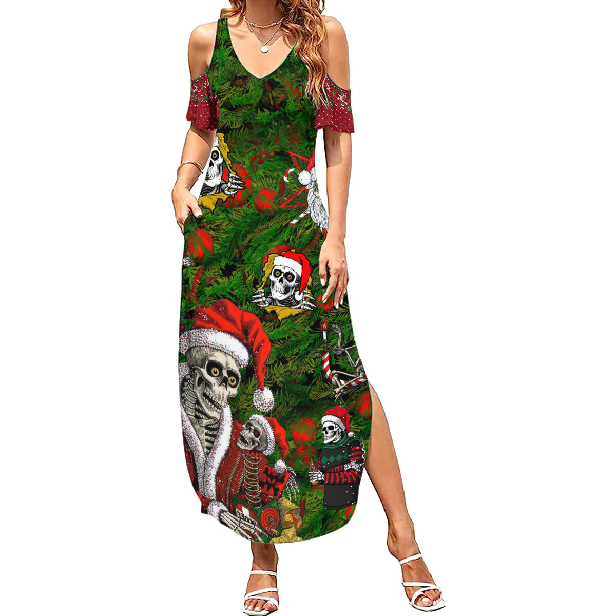 Skeleton Santa Claus Summer Maxi Dress Multi Skeleton Santa Pattern Ugly Christmas - Wonder Print Shop