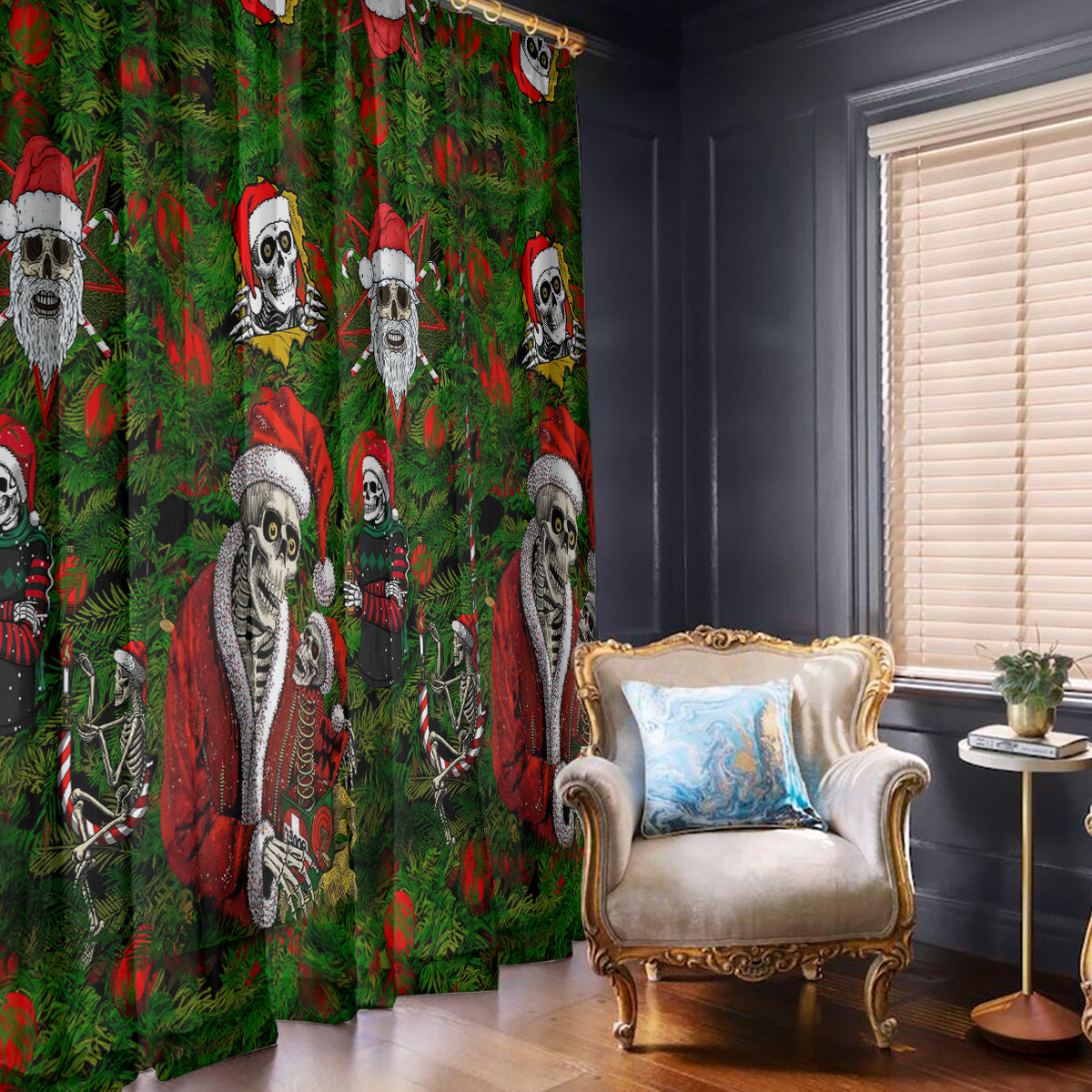 Skeleton Santa Claus Window Curtain Multi Skeleton Santa Pattern Ugly Christmas - Wonder Print Shop