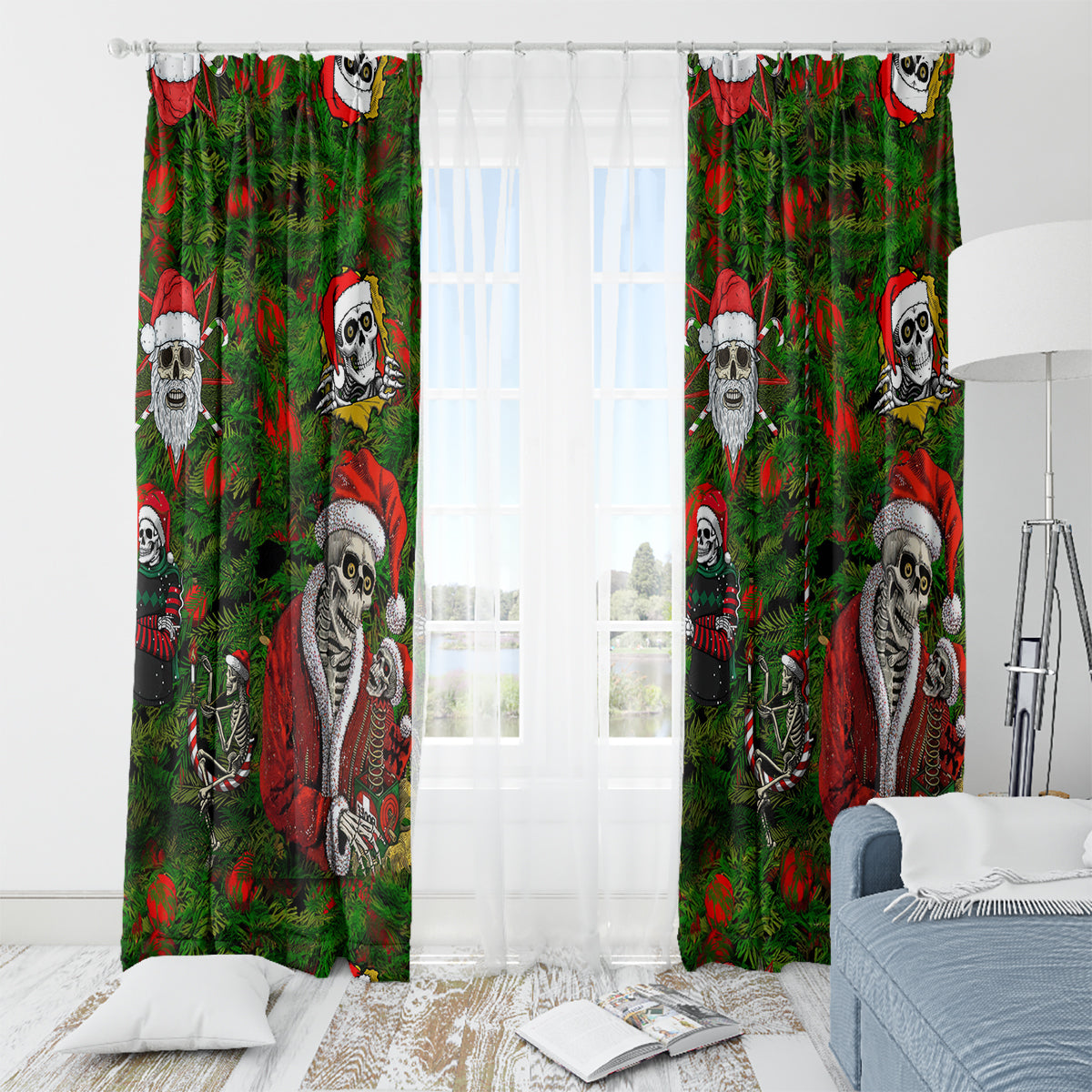 Skeleton Santa Claus Window Curtain Multi Skeleton Santa Pattern Ugly Christmas - Wonder Print Shop