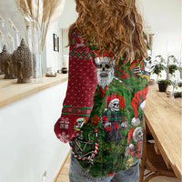 Skeleton Santa Claus Women Casual Shirt Multi Skeleton Santa Pattern Ugly Christmas - Wonder Print Shop