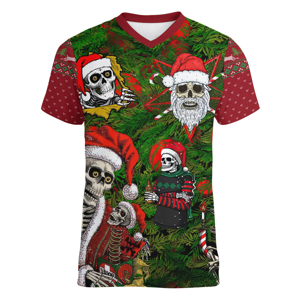Skeleton Santa Claus Women V Neck T Shirt Multi Skeleton Santa Pattern Ugly Christmas - Wonder Print Shop