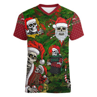 Skeleton Santa Claus Women V Neck T Shirt Multi Skeleton Santa Pattern Ugly Christmas - Wonder Print Shop