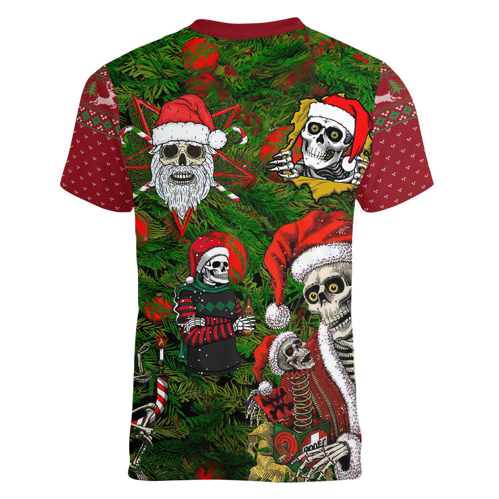 Skeleton Santa Claus Women V Neck T Shirt Multi Skeleton Santa Pattern Ugly Christmas - Wonder Print Shop