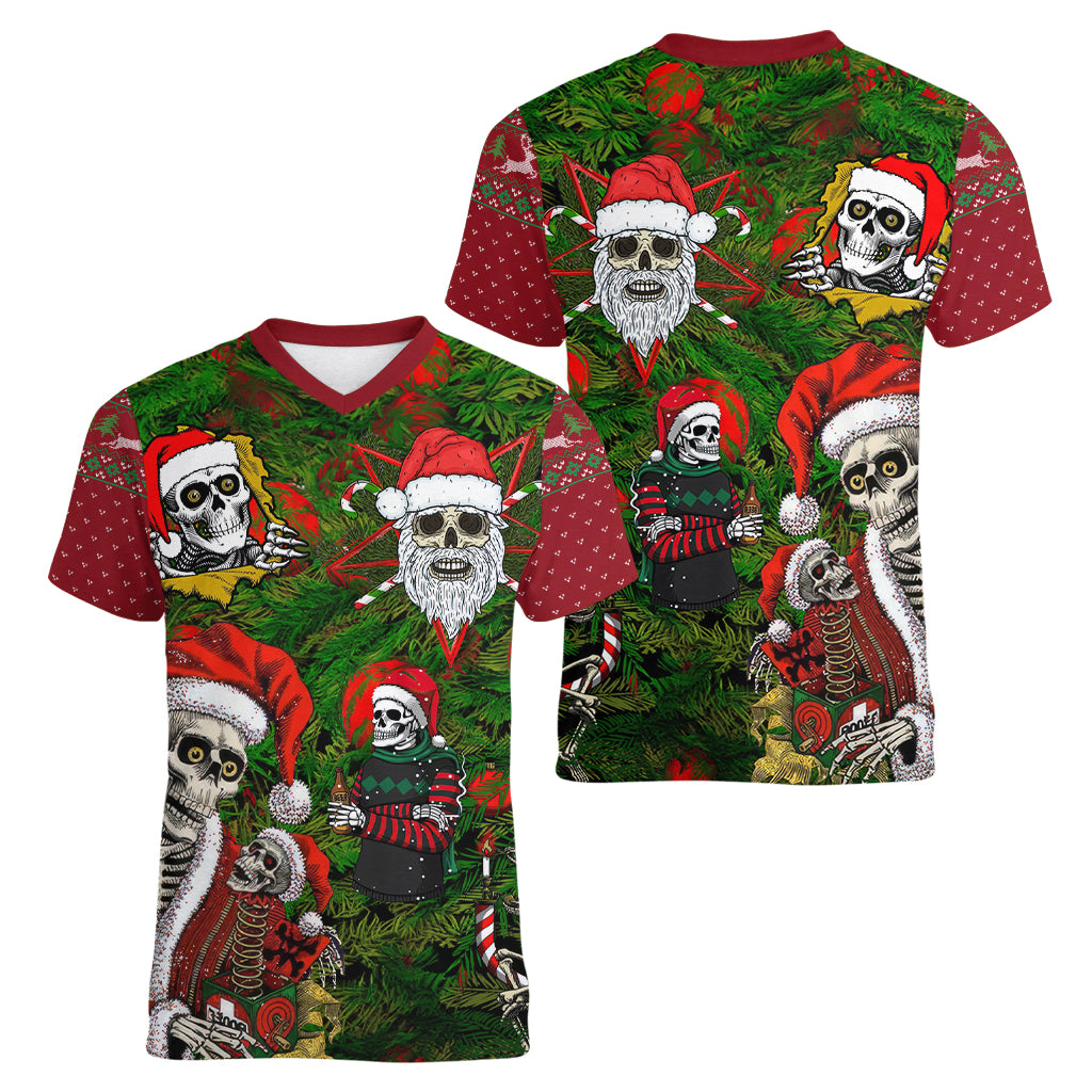 Skeleton Santa Claus Women V Neck T Shirt Multi Skeleton Santa Pattern Ugly Christmas - Wonder Print Shop