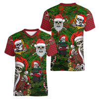Skeleton Santa Claus Women V Neck T Shirt Multi Skeleton Santa Pattern Ugly Christmas - Wonder Print Shop