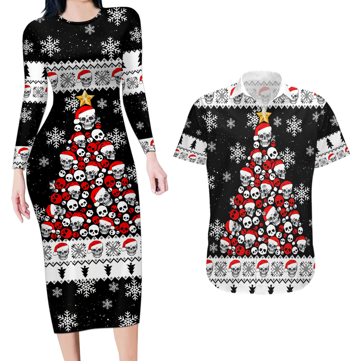 Skull Santa Couples Matching Long Sleeve Bodycon Dress and Hawaiian Shirt Tree Skull Santa Ugly Christmas - Wonder Print Shop