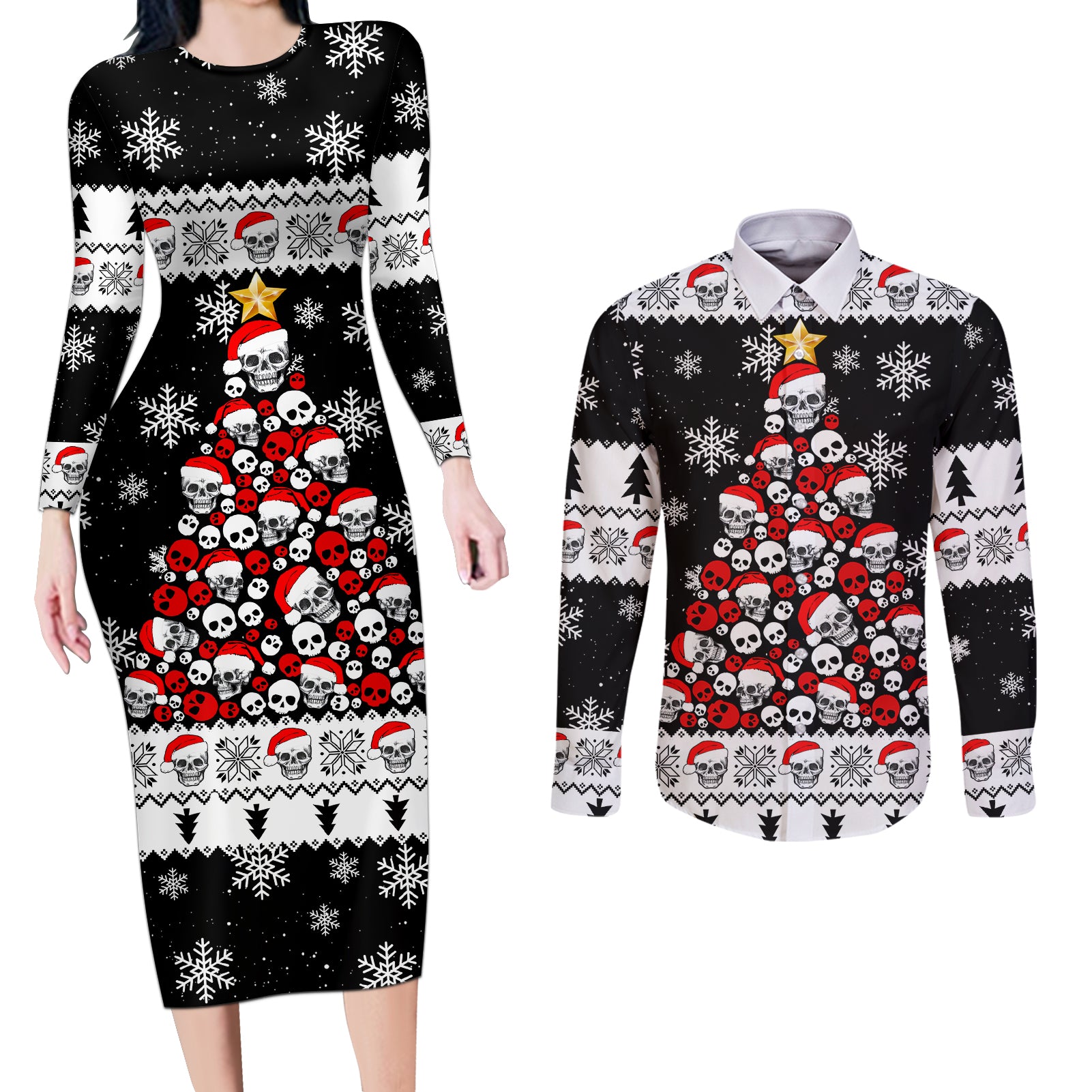 Skull Santa Couples Matching Long Sleeve Bodycon Dress and Long Sleeve Button Shirt Tree Skull Santa Ugly Christmas - Wonder Print Shop
