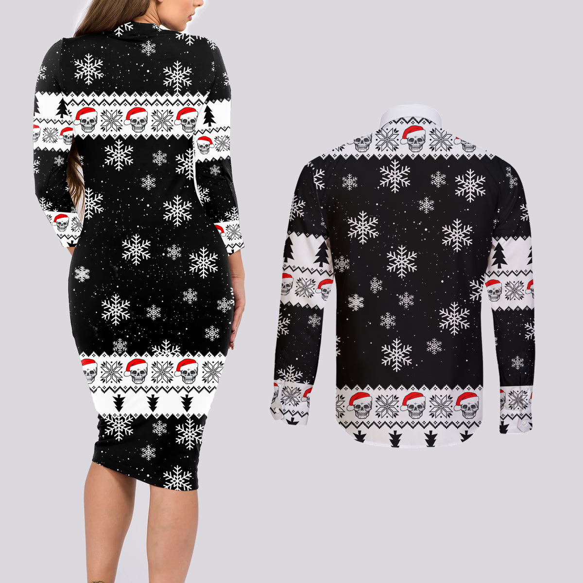 Skull Santa Couples Matching Long Sleeve Bodycon Dress and Long Sleeve Button Shirt Tree Skull Santa Ugly Christmas - Wonder Print Shop