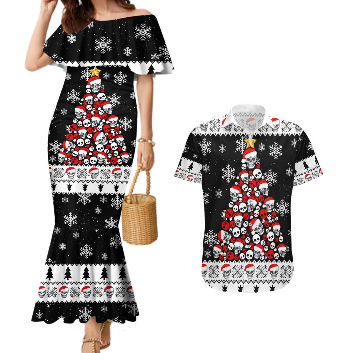 Skull Santa Couples Matching Mermaid Dress and Hawaiian Shirt Tree Skull Santa Ugly Christmas - Wonder Print Shop