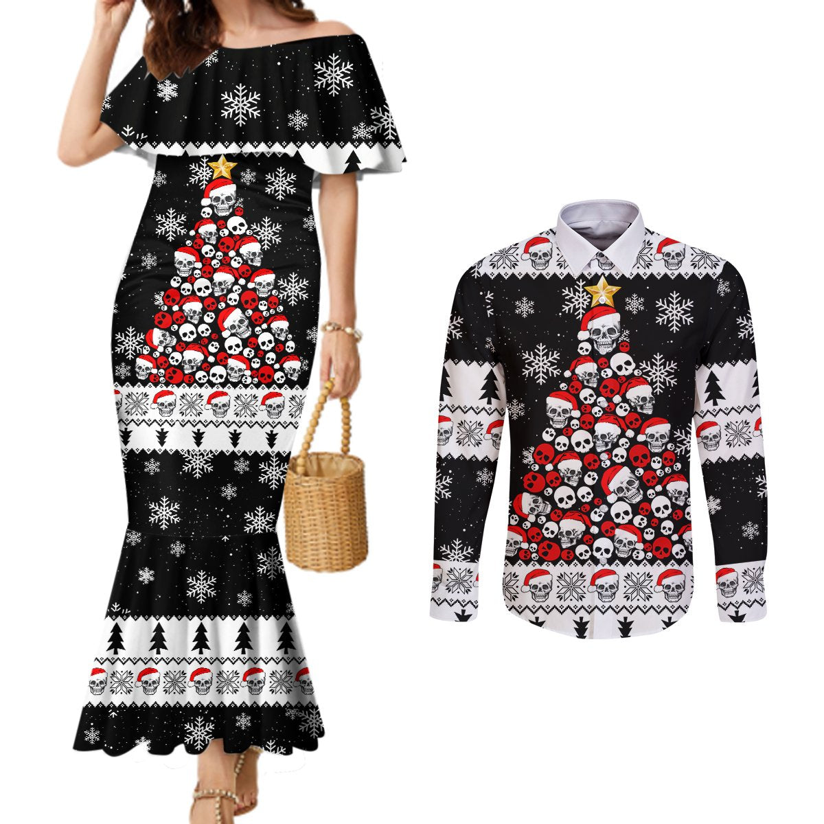 skull-santa-couples-matching-mermaid-dress-and-long-sleeve-button-shirt-tree-skull-santa-ugly-christmas