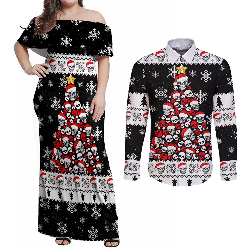 Skull Santa Couples Matching Off Shoulder Maxi Dress and Long Sleeve Button Shirt Tree Skull Santa Ugly Christmas - Wonder Print Shop