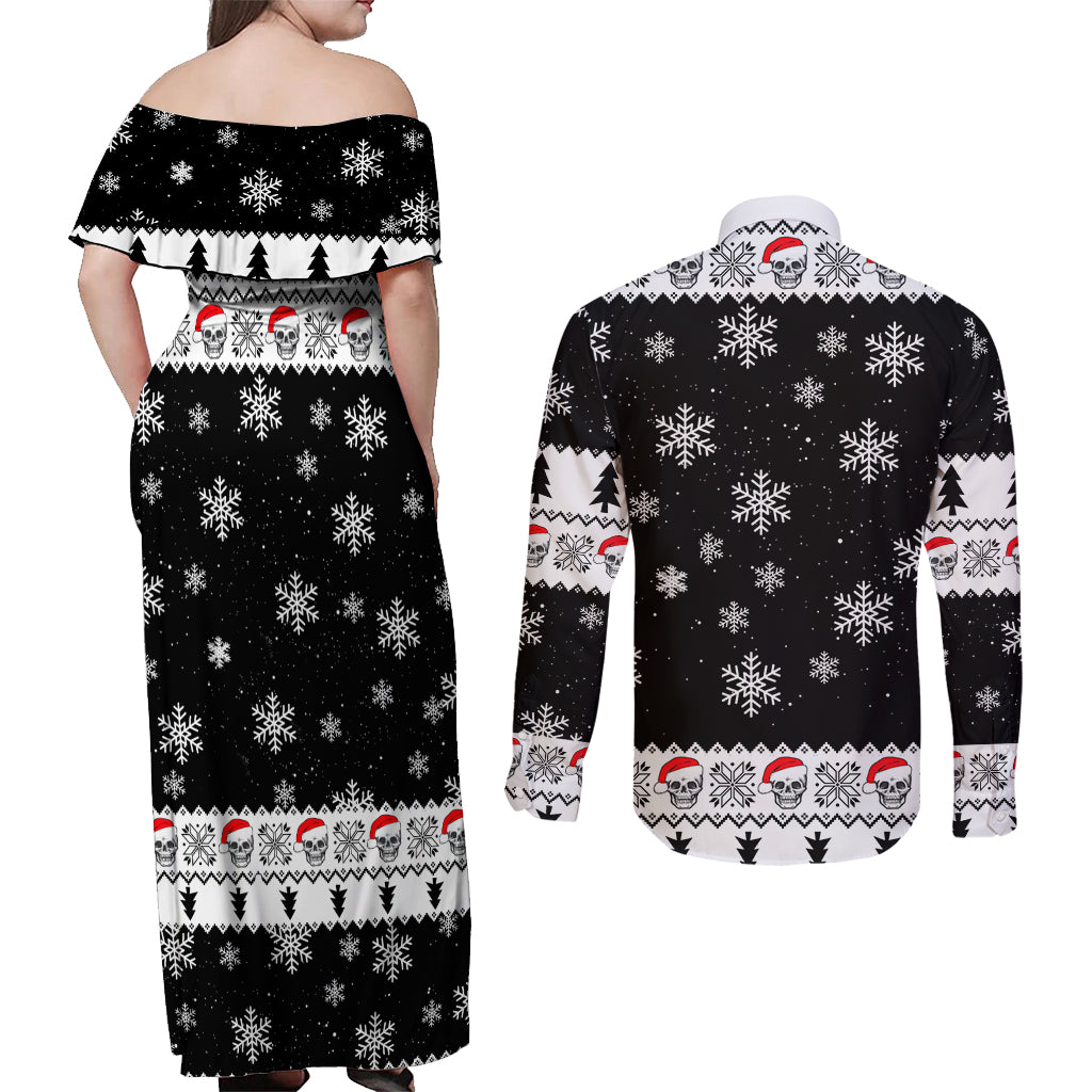Skull Santa Couples Matching Off Shoulder Maxi Dress and Long Sleeve Button Shirt Tree Skull Santa Ugly Christmas - Wonder Print Shop