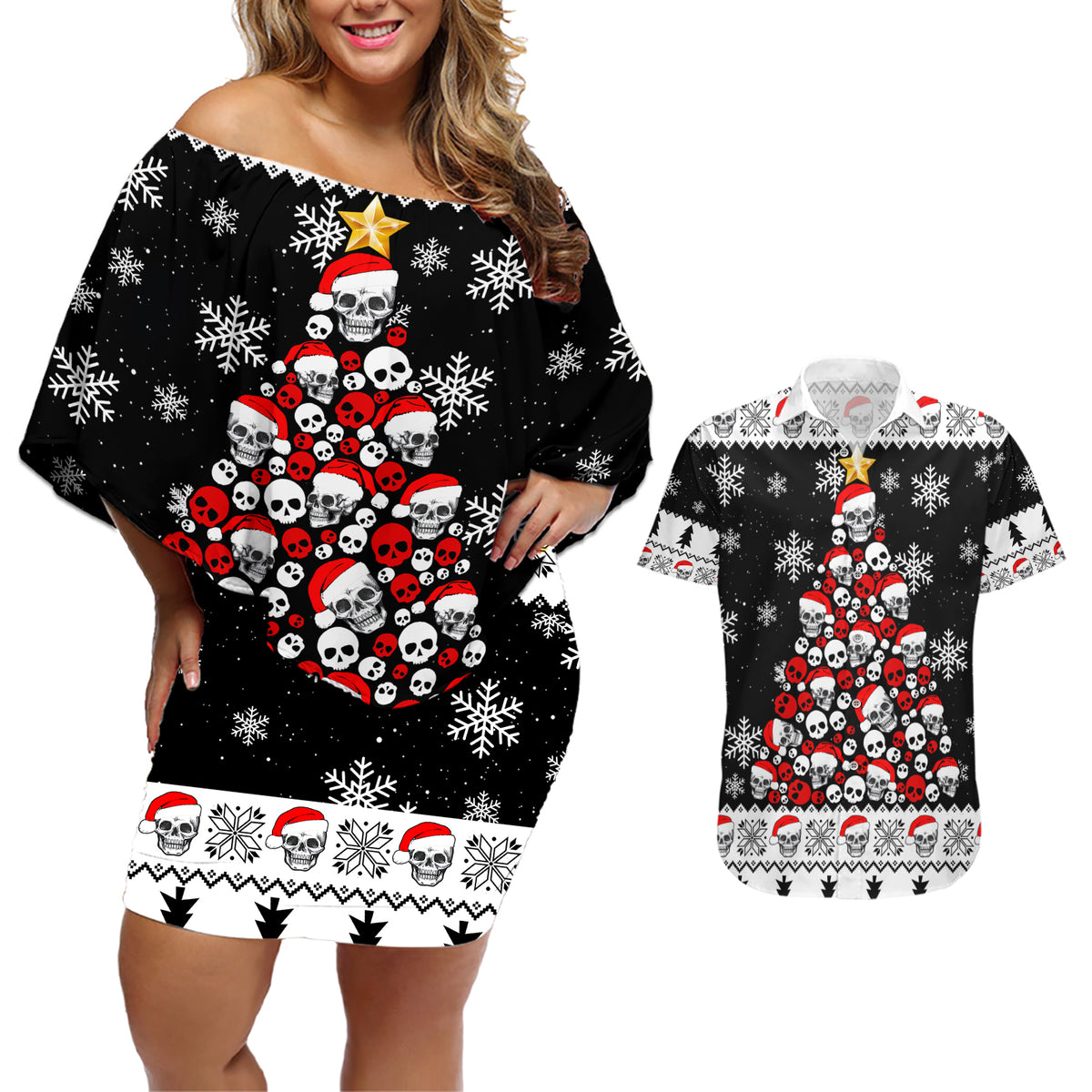 Skull Santa Couples Matching Off Shoulder Short Dress and Hawaiian Shirt Tree Skull Santa Ugly Christmas - Wonder Print Shop